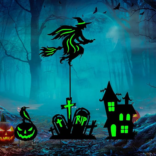 BRIGHTDECK Halloween Outdoor Yard Decorations, Set of 3 Glow in The Dark Witch Broom Fluorescent Waterproof Metal Stakes for Lawn Garden Halloween Decor (Flying Witch Tombstone Pumpkin Haunted House)