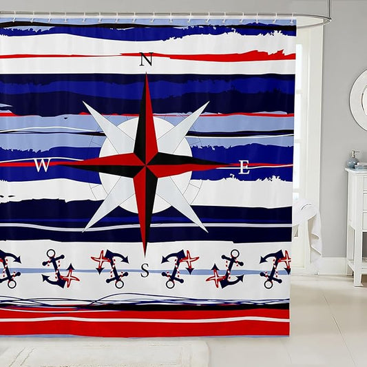 Feelyou Compass Shower Curtain Ocean Themed Fabric Shower Curtain for Kids Boys Girls Anchor Bathroom Waterproof Accessories with 12 Hooks Blue Red White Striped Curtains,72X78 Inches