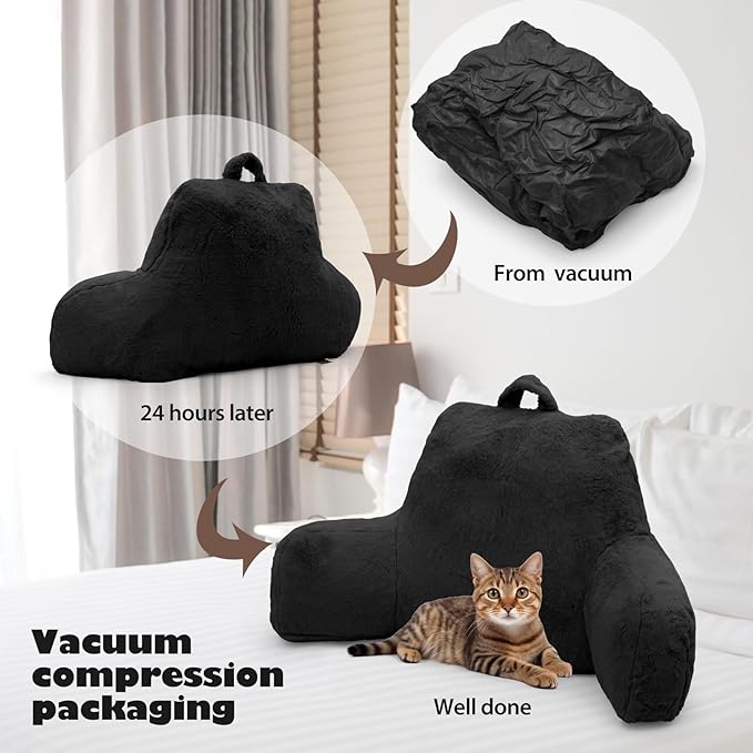 Reading Pillow for Sitting in Bed Adult, Standard Reading Pillow with Memory Foam, Back Pillow for Bed Sitting Up with Extend Arms, Bed Reading Pillow, Black