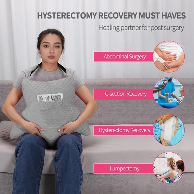 Hysterectomy Pillow with Pocket for Ice/Hot Packs, Abdominal Surgery Recovery Pillow for Women, Post-Surgery Support Cushion(Grey)