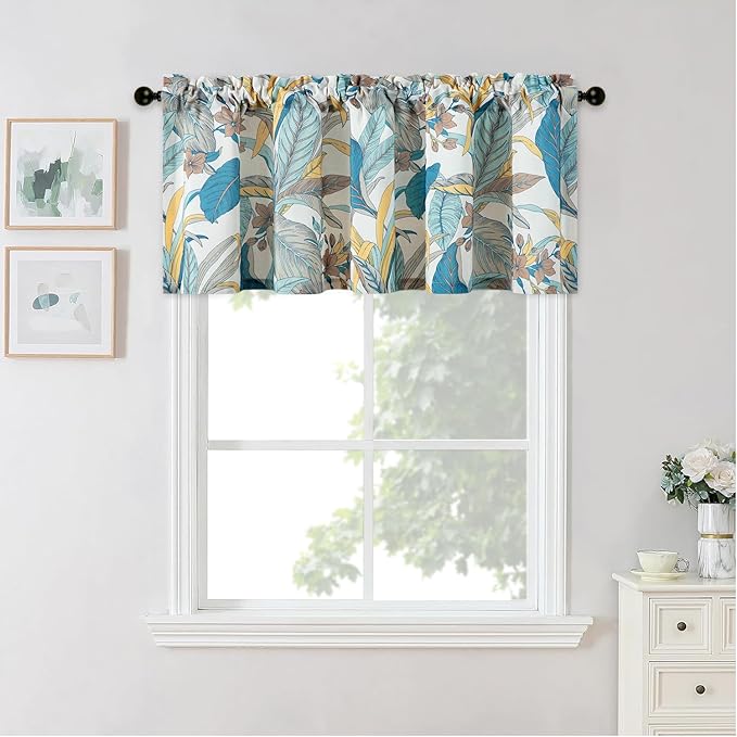 Leeva Leaves Printing Valances for Living Room, 1 Pack Farmhouse Style Small Curtains for Windows 18 Inch Length, Rod Pocket, Lake Blue, 52 x 18