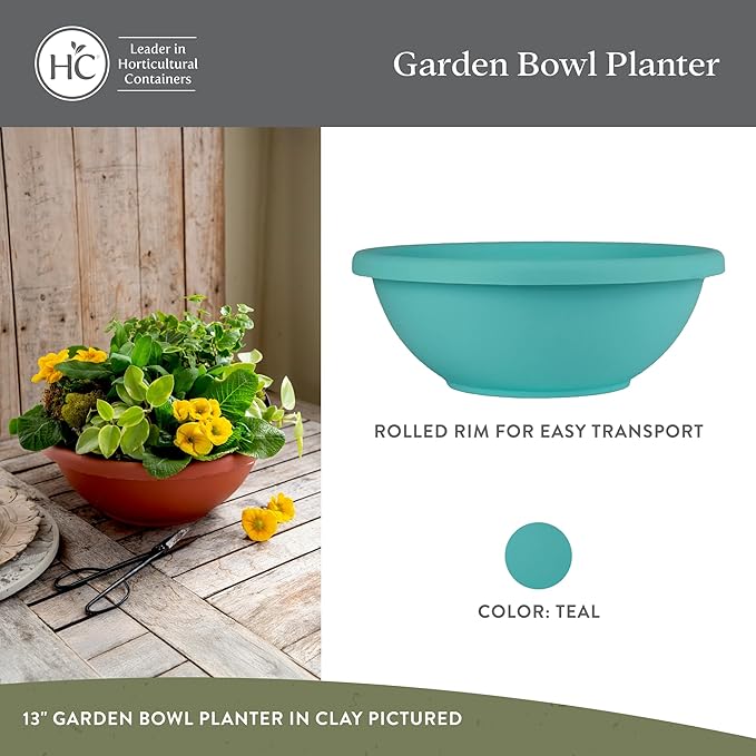 The HC Companies Shallow Planter with Drainage - Contemporary Garden Bowl Planter for Flowers, Herbs & More - Round Succulent Planter Pot for Indoors and Outdoors (15.5" Teal, Pack of 1)