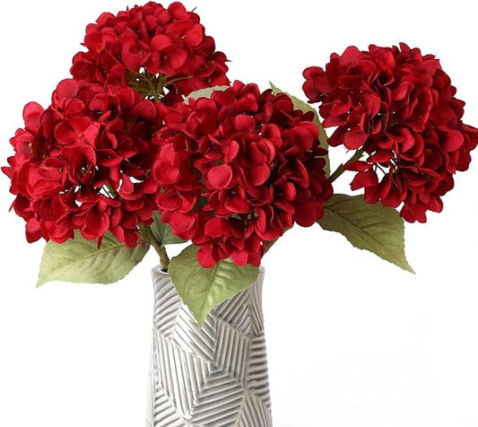 mizii 4Pcs Burgundy Artificial Hydrangea Flowers Large Fake Silk Hydrangea Flower with Leaves Stems Realistic Faux Hydrangeas Decorations for Wedding Table Centerpieces Vase Home Decor (Burgundy)