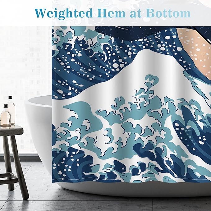 Aimego Stall Small Shower Curtain - Funny Cute Cat Riding Shark in Ocean Wave, Whale Cat Narrow Half Fabric Cloth Fun Shower Curtain Set for Bathroom Decor Bath Curtain, 36"x72"