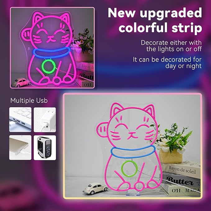 Cartoon Cat Neon Sign Children Led Neon Signs Anime Pink Neon Signs Classroom Reading Room Bookstore Kids Room School Decoration Kids Gifts