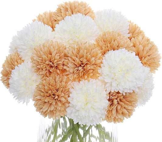 Kimura's Cabin20 Fake Chrysanthemum Flower Artificial SilkFlowers Ball Flowers for Spring Wedding Arrangements Home Decor Indoor Floral Arrangement Table Centerpiece (White Champagne)
