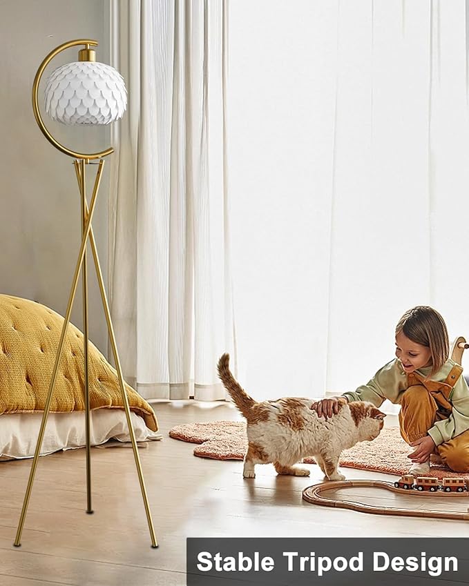 Modern Floor Lamp with Arc Imitation Feather Lampshade, Gold Metal Standing Lamp with Bulb Included, Vintage Tall Reading Light for Living Room, Bedroom,Office