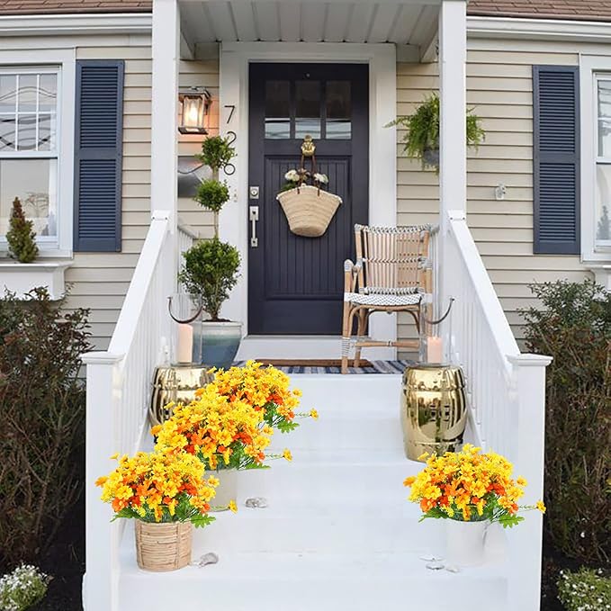 Uieke 24 Bundles Artificial Fall Flowers for Outdoors Fake Daisy Mums Flowers UV Resistant Autumn Flowers No Fade Indoor Outside Home Wedding Garden Porch Fall Décor (Orange Yellow)
