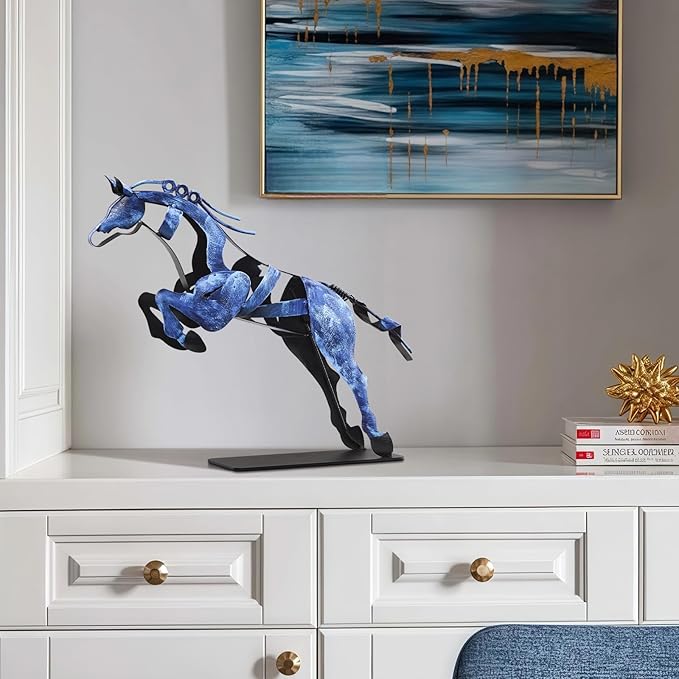 Horse Statue, Unique Metal Art Handmade Sculpture for Home Decor, Rustic Decor, Gifts for Horse Lovers (Blue)
