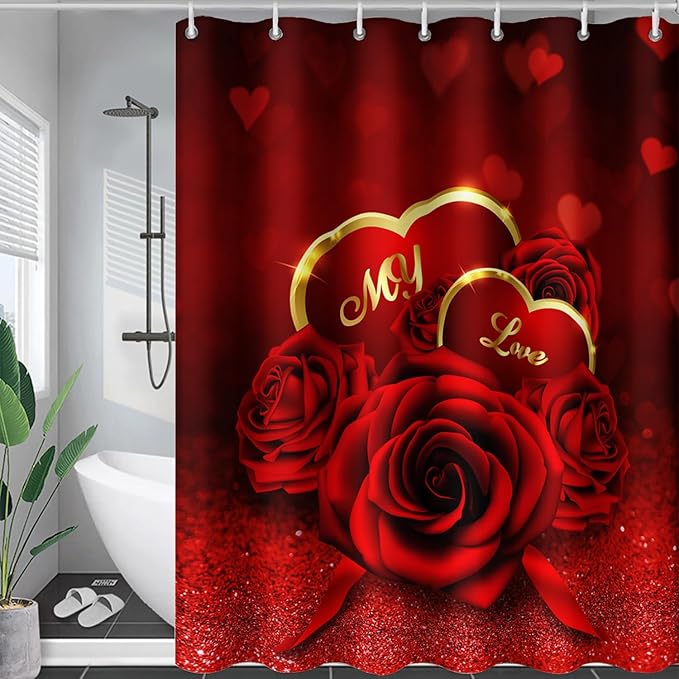 AILONEN Red Rose Shower Curtain for Bathroom, Romantic Flower Rose 3D Printed Valentine Wedding Bathroom Curtain,72" W*78" H Polyester Waterproof Bath Curtain with 12 Hooks