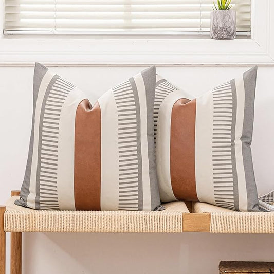 Farmhouse Stripe Pillow Cover 18x18 Boho Accent Cushion Case Faux Leather Decorative Pillowcase,Grey and Beige (Cover ONLY, Pack of 2)
