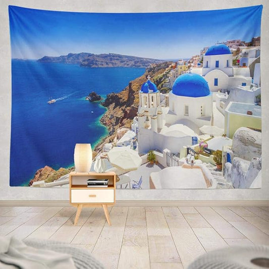 Santorini Tapestry,Wall Hanging Beautiful Town Landmark Nature Europe Wall Tapestry for Bedroom Living Room Tablecloth Dorm 80X60 Inches