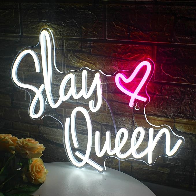 Slay Queen Neon Sign White Pink LED Neon Light Up Signs for Wall Decor Usb Neon Light for Bedroom Preppy Girl Aesthetic Room Dorm Decor Y2k Party Gifts