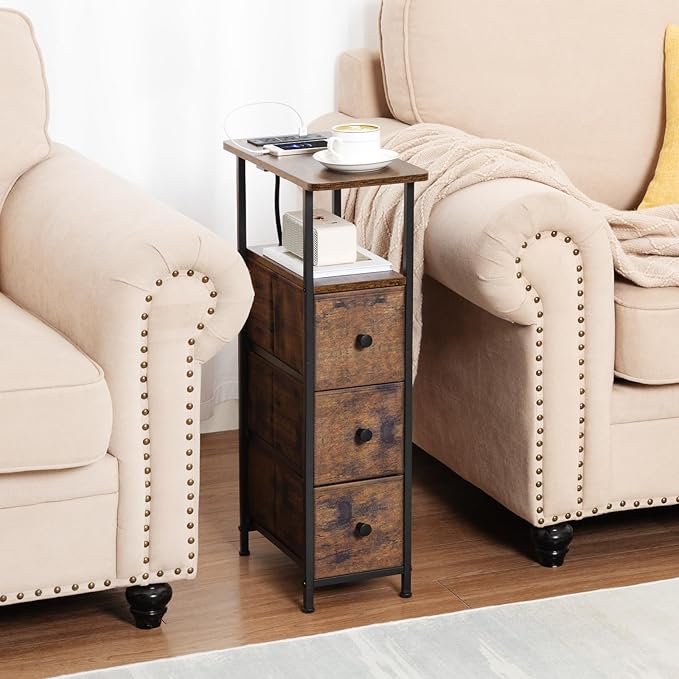 Narrow End Tables Living Room Set of 2 with Charging Station, Skinny Side Table with Fabric Drawers, Slim Nightstand for Bedroom, Small Spaces, Couch, Rustic Brown, HETNDP03PBR