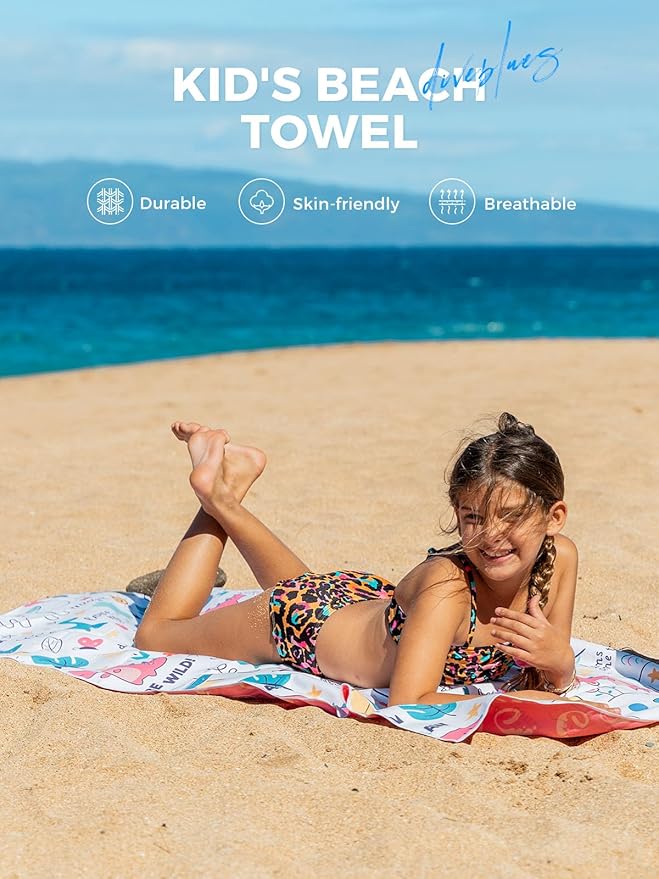 Kids Beach Towel 60''x30'', Quick Dry, Sand Free, Compact, Lightweight, Absorbent, Large Girls & Boys Microfiber Towels for Pool, Swim, Cruise Essentials, Unicorn