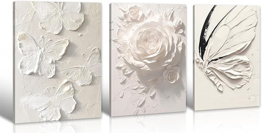 JiazuGo White Pink Butterfly Wall Decor - Modren Butterfly Flower Nursery Canvas Wall Art Contemporary Abstract Art Oil Painting Prints Bathroom Bedroom Home Decorations 12" X 16" X 3 Pieces