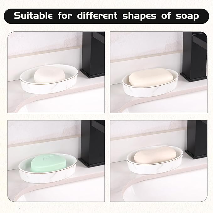 Soap Dish, Ceramic White Marble Soap Holder Soap Bar Holder, Oval Soap Dish for Shower Bathroom Kitchen Sink, Easy Clean, ANTIS'S HOME