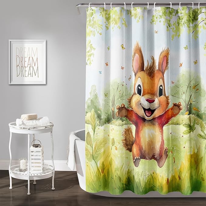 AILONEN Cartoon Cute Squirrel Shower Curtain,Kawaii Squirrel Bathroom Curtains for Kids,Girls,Tie Dye Tree Shower Curtains Set with Hooks for Bathroom,72" W*84" H