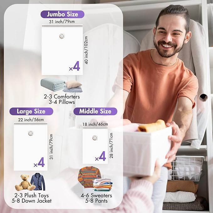 TAILI 12 Pack Combo Vacuum Storage Bags, Vacuum Seal Bags for Clothing (4 Jumbo, 4 Large, 4 Medium), Space Saver for Bulky Beddings, Comforters, Blanket, Closet Organization Space Saving
