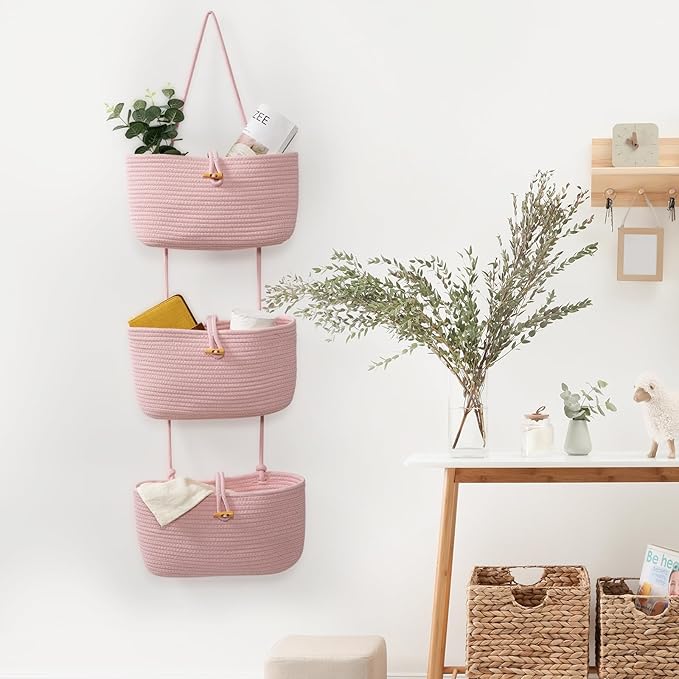TeoKJ Over the Door Hanging Baskets with Button Strap, 3-Tier Woven Cotton Storage Organizer Bag, Wall-Mounted with Hook Decorative Hanging Nursery Baskets - Pink