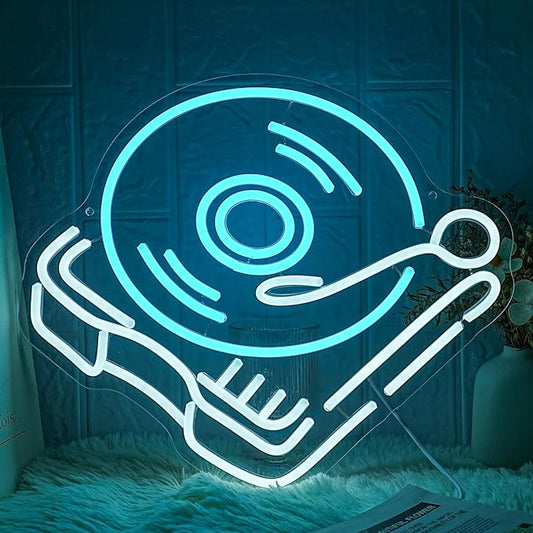 Record Player Neon Sign Retro Blue White Record Neon Light Neon Signs for Studio Decor Live Music Neon Light Sign for Bedroom Beer Bar Decoration