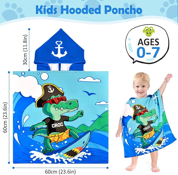 HUANLANG Kids Hooded Beach Towel for Boys Girls,Bath Pool Beach Poncho Towels Super Soft & Absorbent Cotton Towel Childrens Crocodile Beach Towels for Toddler 0-7 Years Old