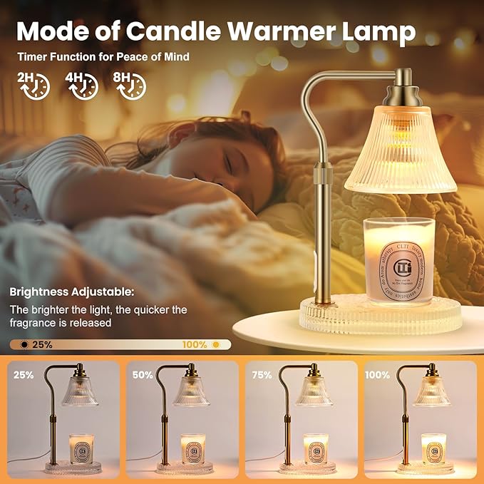 Lamp Candle Warmer for Jar Candles,Flower Candle Warmer Lamp with Timer Dimmer,Glass Base Adjustable Height Candle Warmer Lamp,Gold Electric Candle Warmer for Scented Wax Jar Candles,Glass Lampshade