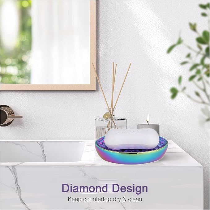 Soap Dish, Ceramic Soap Tray Soap Holder Container Box, Colorful Diamond Oval Soap Plate Case, Sponge Dish Scrubbers Tray Holder for Bathroom Vanity Shower Kitchen Sink Counter Top,Easy Clean