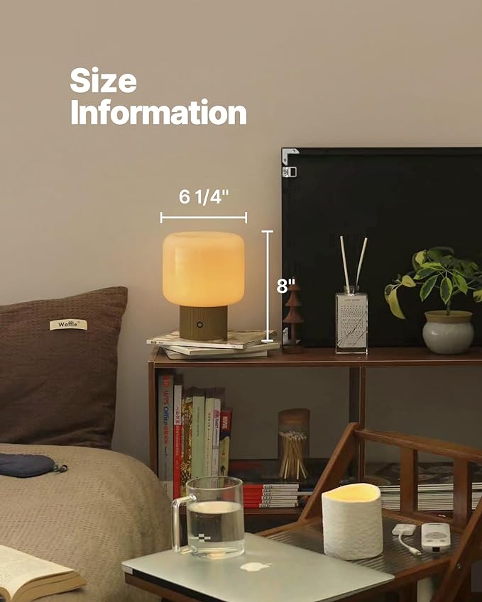 Halo Mushroom Lamp, 5W Cute Cordless Rechargeable Table Lamp with Glass Shade, 3 Color Temps LED Dimmable Ambient Lighting, Small Retro Touch Bedside Light for Bedroom Decor, Mustard Yellow