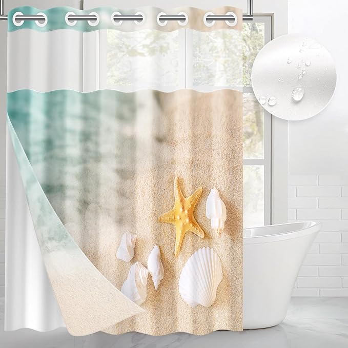 Beach Ocean No Hook Shower Curtain with Snap in Liner, Starfish Shell Sea Bath Curtain with Double Layers Waterproof Fabric and Mesh Top Window 71x74 Inch