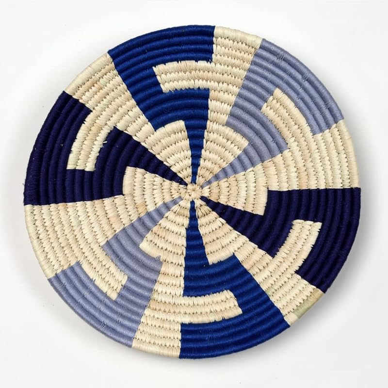 Set of 3 Round Boho Hanging Wall Basket Home Decor for Bedroom, Kitchen, Farmhouse Handmade Decorative Unique Indian Wall Decor Woven Wicker Baskets Christmas Gifting (Blue, Modish)