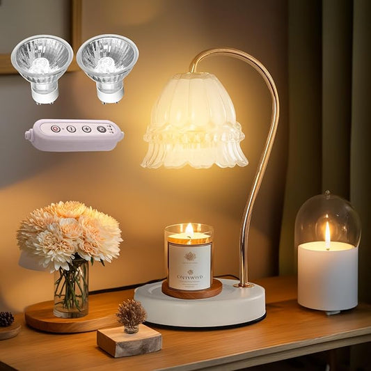 Candle Warmer Lamp with Dimmer - Electric Candle Lamp with Timer for Jar Candles Scented Candles, Plug-in Wax Warmer Lamp for Home & Office with 2 Bulb (White Peony)