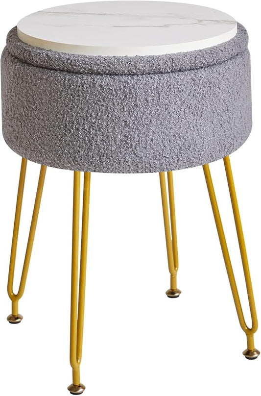 IBUYKE Teddy Velvet Storage Footrest Stool Ottoman, Makeup Vanity Stool Side Table with Removable Cover, Golden Steel Legs, Coffee Table Top Cover, Gray WBD010G