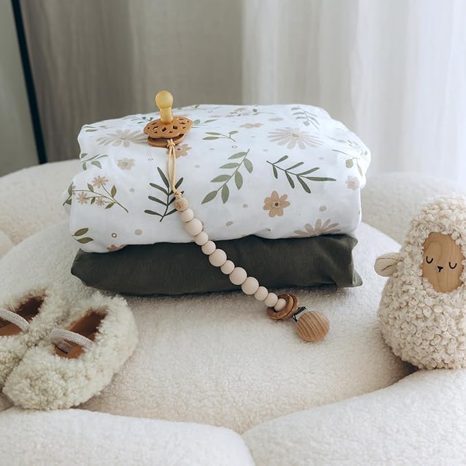 Baby Crib Fitted Sheet, 100% Cotton Knitted Jersey, Fit Standard Crib Mattresses, Fitted Crib Sheets, Super Soft, Toddler Fitted Sheet, Unisex,2 Pack,Green/Flowers, 28x52x9'