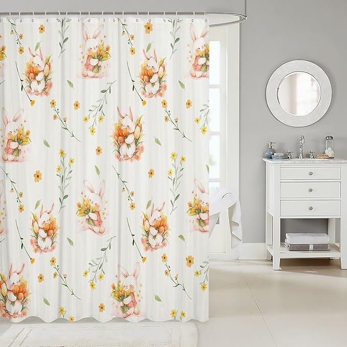 Cartoon Rabbits Kids Shower Curtains,Tulip Sunflowers Leaves Rustic Bathroom Curtains for Girls Boys,Happy Easter Cute Animals Colorful Bright Waterproof Curtains,12 Hooks Suits,72" W x 72" L