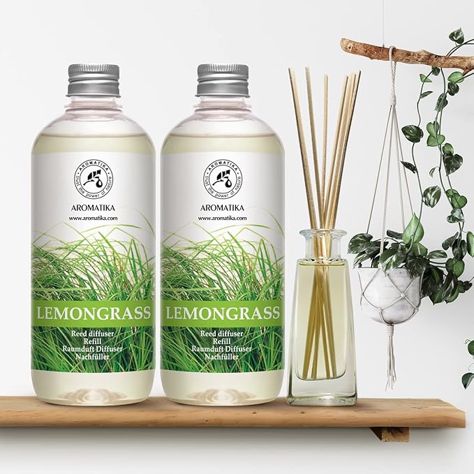Lemongrass Diffuser Refill 34 Fl Oz (2x17 Fl Oz) - Fresh & Long Lasting Fragrance - Refill with Natural Essential Lemongrass Oil - for Aromatherapy - Spa - Home - Reed Diffuser Oil Refill Lemongrass
