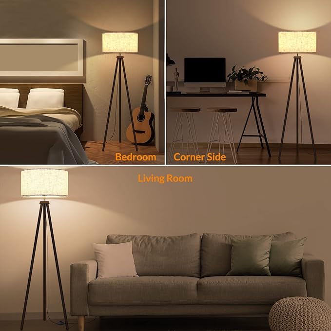 LEPOWER Wood Tripod Floor Lamp, Mid Century Standing Lamp for Living Room, Flaxen Lamp Shade, Modern Design Standing Lamp with E26 Lamp Base, Tall Floor Lamp for Bedroom, Study Room and Office Walnut