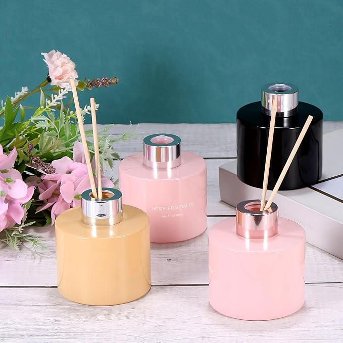 HARFINGTON Empty Glass Diffuser Bottle 140ml/4.7oz Refillable Fragrance Accessories Aromatherapy Jar Container for Replace Reed Diffuser Home Bathroom Pale Orange with Gold Tone Cap