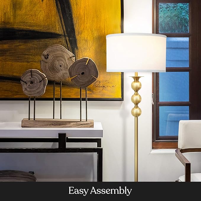 Brightech Riley LED Floor lamp, Boho Lamp for Living Rooms & Offices, Great Living Room Décor, Mid-Century Standing Lamp for Bedroom Reading, Tall Lamp With Drum Shade - Gold/Brass