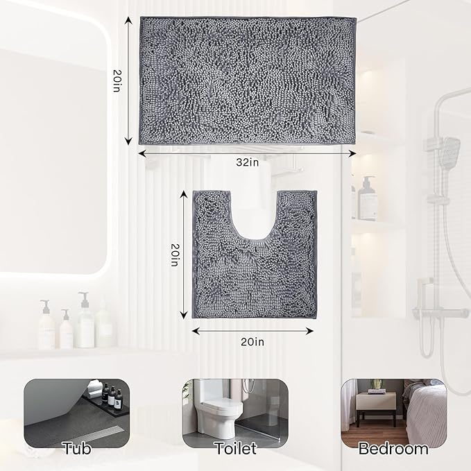 Bathroom Rugs 2 Pieces Chenille Bath Rug Mat, Extra Thick and Soft Absorbent Bath Rugs, Machine Washable, Non-Slip Plush Bath Mats for Tub, Shower, and, (Dark Gray, 32"x20"+U Shape 20"x20")