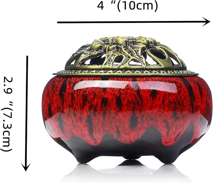 Incense Burner with Calabash Incense Stick Holder - Porcelain Charcoal Censer for Use with Resin Granular Powder Cone or Coil Incense (Kiln-Colored Red)