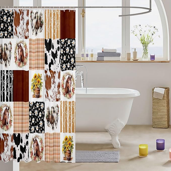 Feelyou Horse Shower Curtain 72"x84" Kids Cowboy Cow Fur Bathroom Shower Curtain Set for Boys Girls Teens Farm Geometric Stripes Bath Curtain Daisy Sunflower Bathroom Accessories