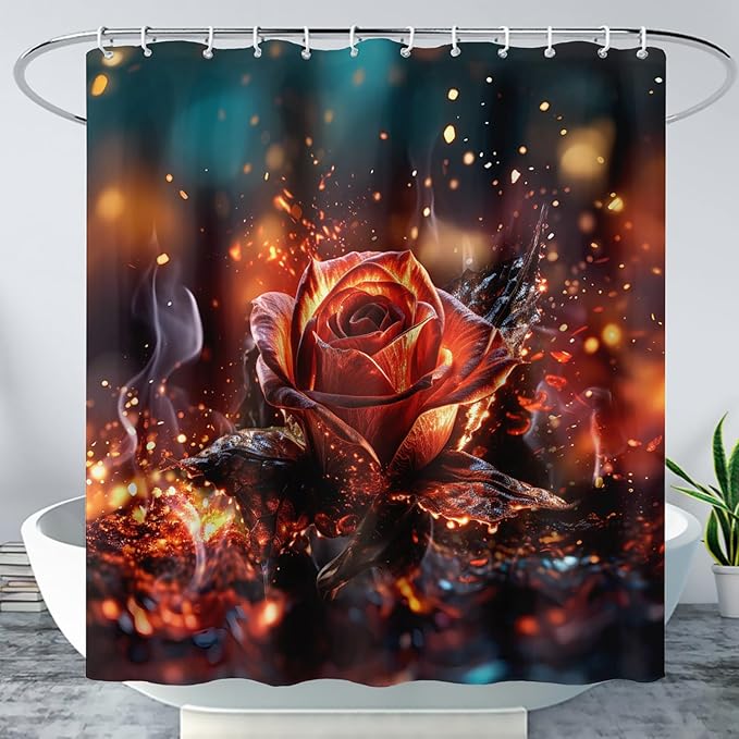 AILONEN 3D Rose Shower Curtain for Bathroom, Romantic Flame Smoky Rose Flower Bath Curtain,Burning Rose Shower Curtain Decoration Waterproof with 12 Plastic Hooks, 72" W*78" H