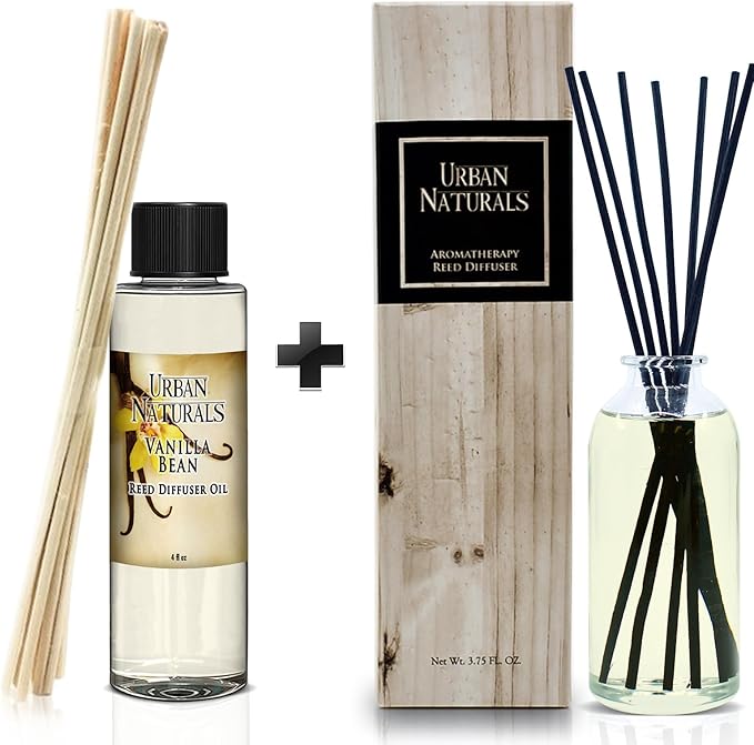 Urban Naturals Vanilla Bean Reed Diffuser Refill, 4 oz, Bundle with Vanilla Bean Reed Diffuser Set - Made with Essential Oils in The USA