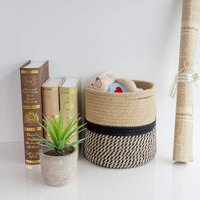 TIMEYARD Sturdy Jute Rope Plant Basket Modern Woven Basket up to 7.5 Inch Flower Pot Floor Indoor Planters, 8” x 8” Storage Organizer Baskets Rustic Home Decor, Black Stripes