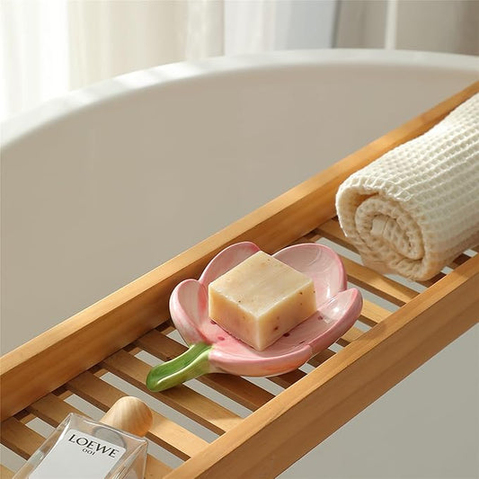 Ankah Decorative Ceramic Soap Box, Flower Shape Soap Dish, Self-Draining to Keep Dry Stop Mushy Soap Holder, Easy Cleaning, Best for Shower Bathroom and Kitchen (Tulip, Pink)