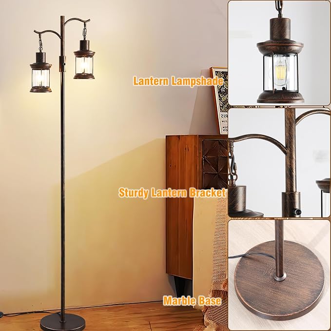 Vintage Dimmable Floor Lamp,2 Classical Lanterns Standing Lamp, Rustic Farmhouse Floor Lamp with Copper Black Finish, for Living Room (Red Copper)