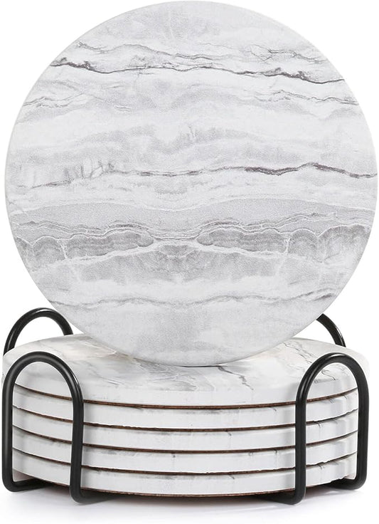Acejoz Drink Coasters with Holder for Coffee Table, Absorbent Coaster Sets of 6, Marble Style Ceramic Coaster for Wooden Table, Suitable for Kinds of Cups, Home Decor, 4 Inches