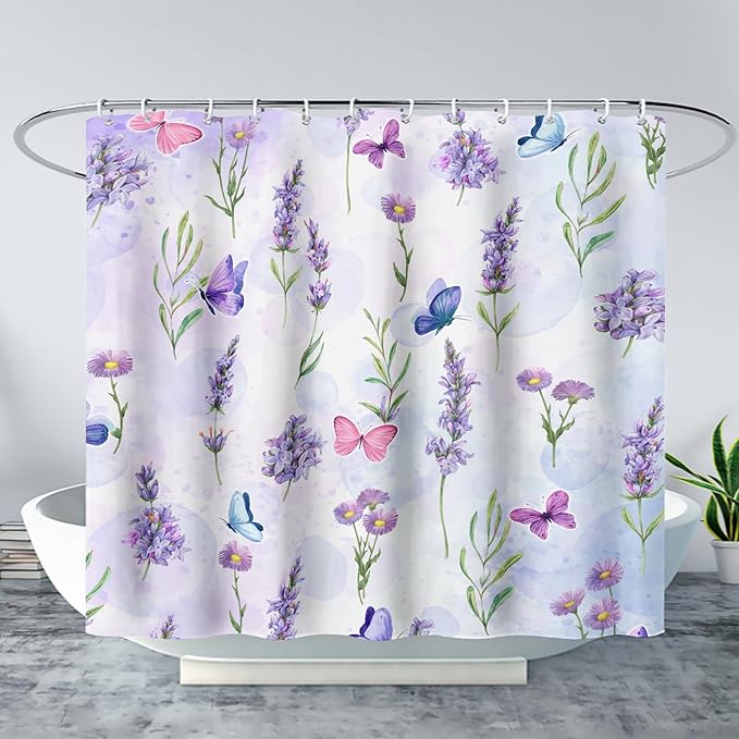 AILONEN Purple Flower Butterfly Shower Curtain 36" W*72" H,Spring Floral Girls Bathroom Decor,Modern Tie Dye Watercolor Butterfly Bath Curtain Polyester Waterproof Bathroom Curtain with Hooks