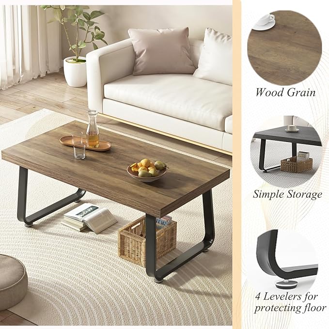 HSH Farmhouse Modern Simple Oak Center Table - Industrial Minimalist Rectangle Living Room Coffee Table, Wood and Metal, Rustic Oak, 39 in